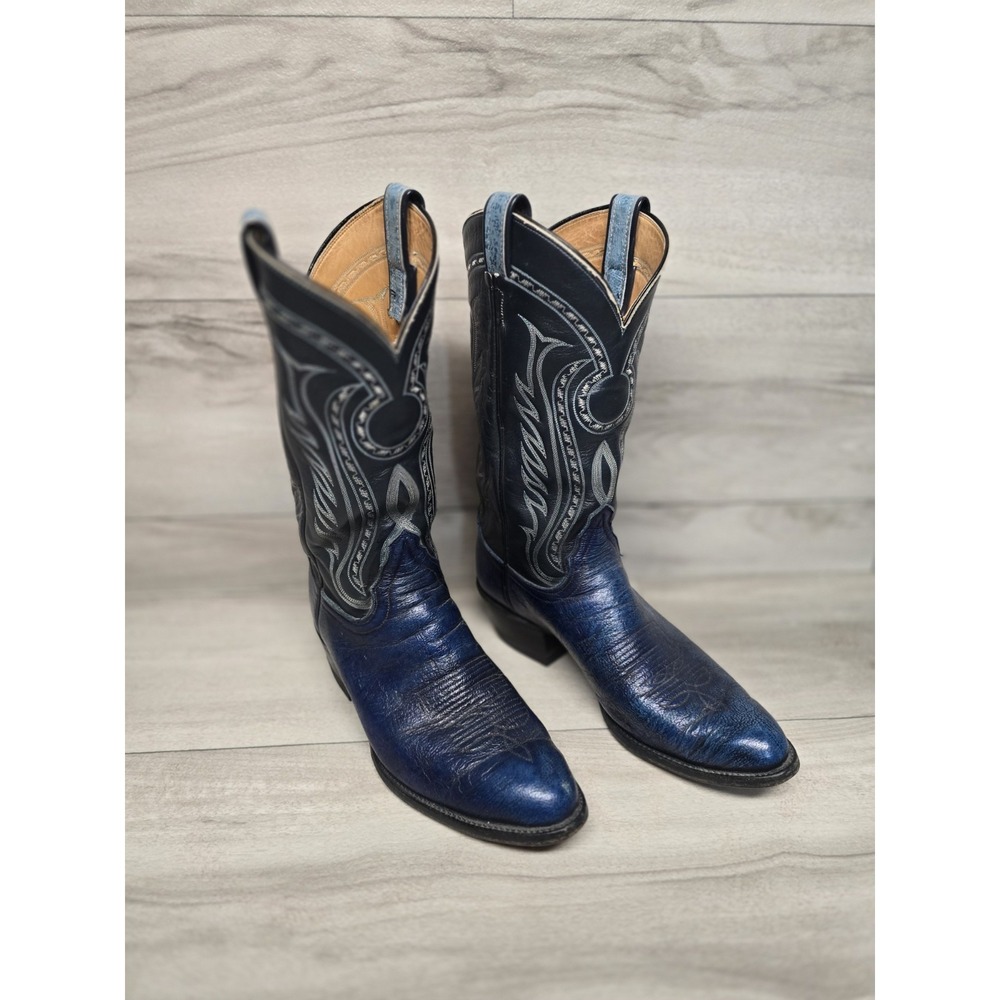 Vintage Tony Lama 8252 Mens 10 E Blue Black Leather Western Cowboy Boots